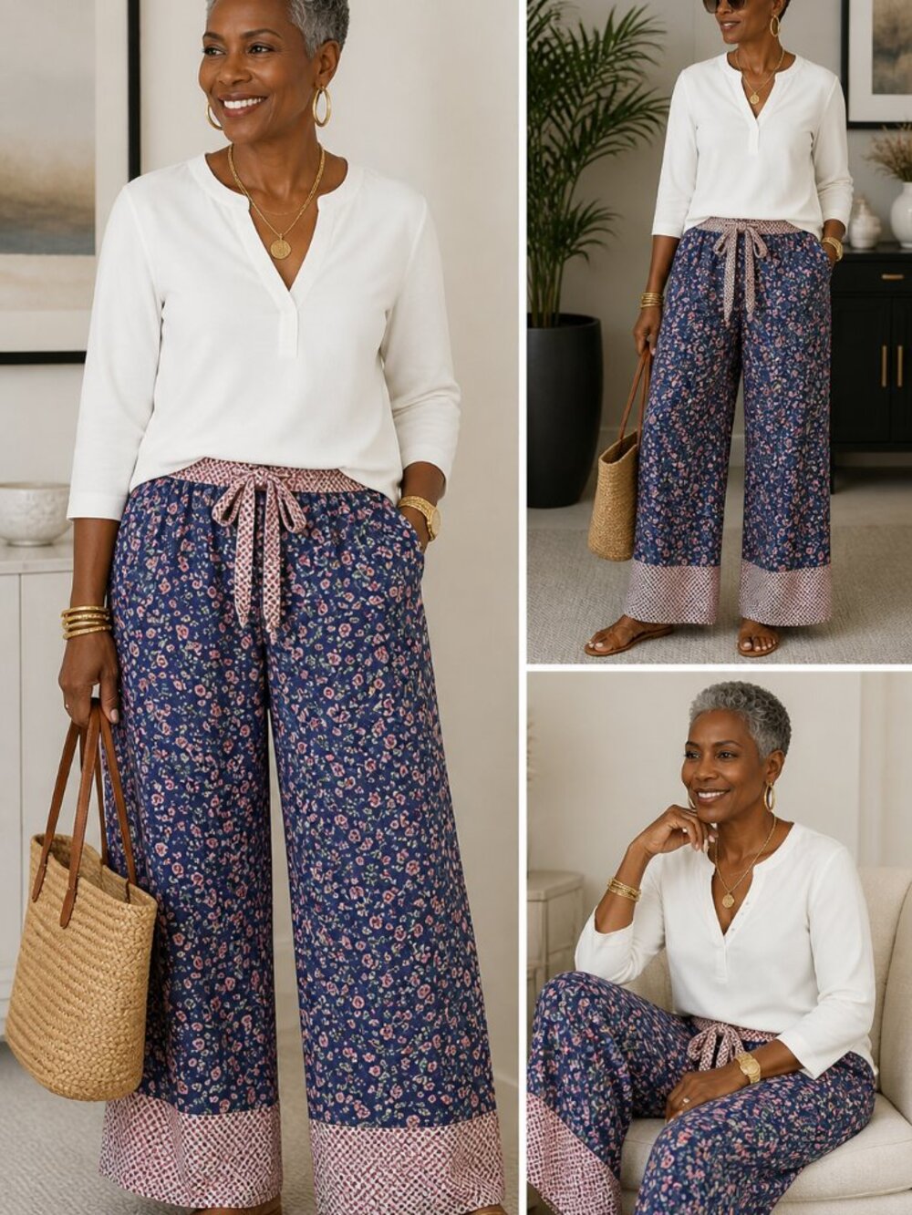 Matilda Jane Sz S Navy Floral Wide Leg Pants Pull On Boho Cottagecore Casual